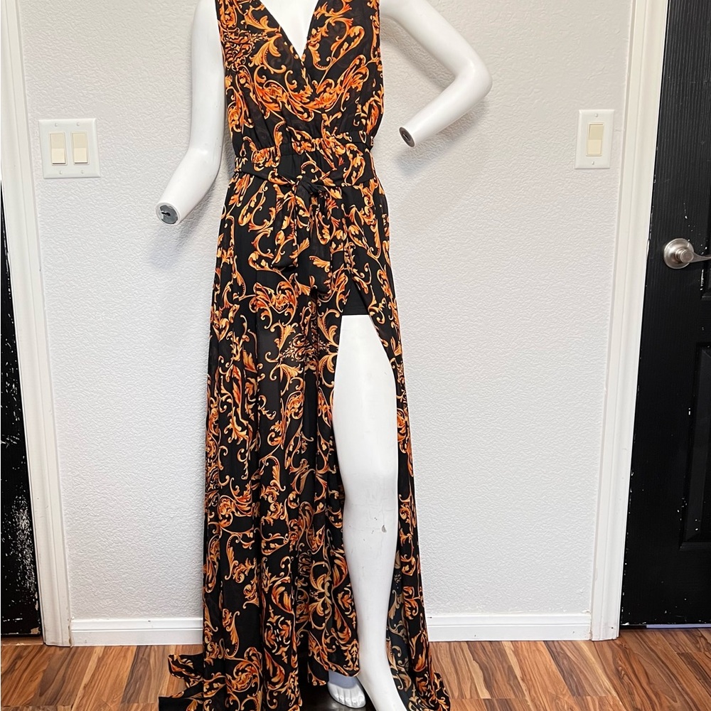 New Dolcessa L Baroque Maxi Dress Black Orange Slit Sheer Overlay